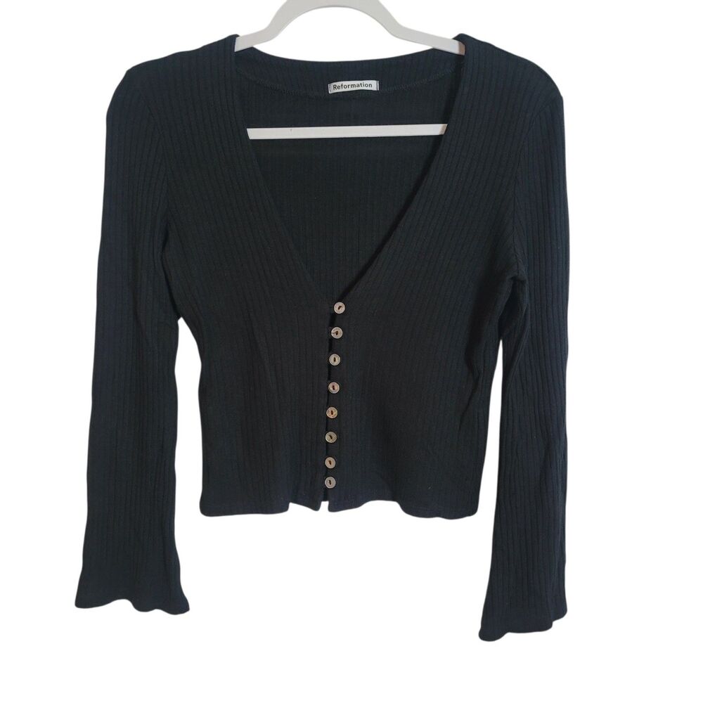 Reformation Gellar Ribbed Knit Top Women's Medium M Black Button Up Bell Sleeve